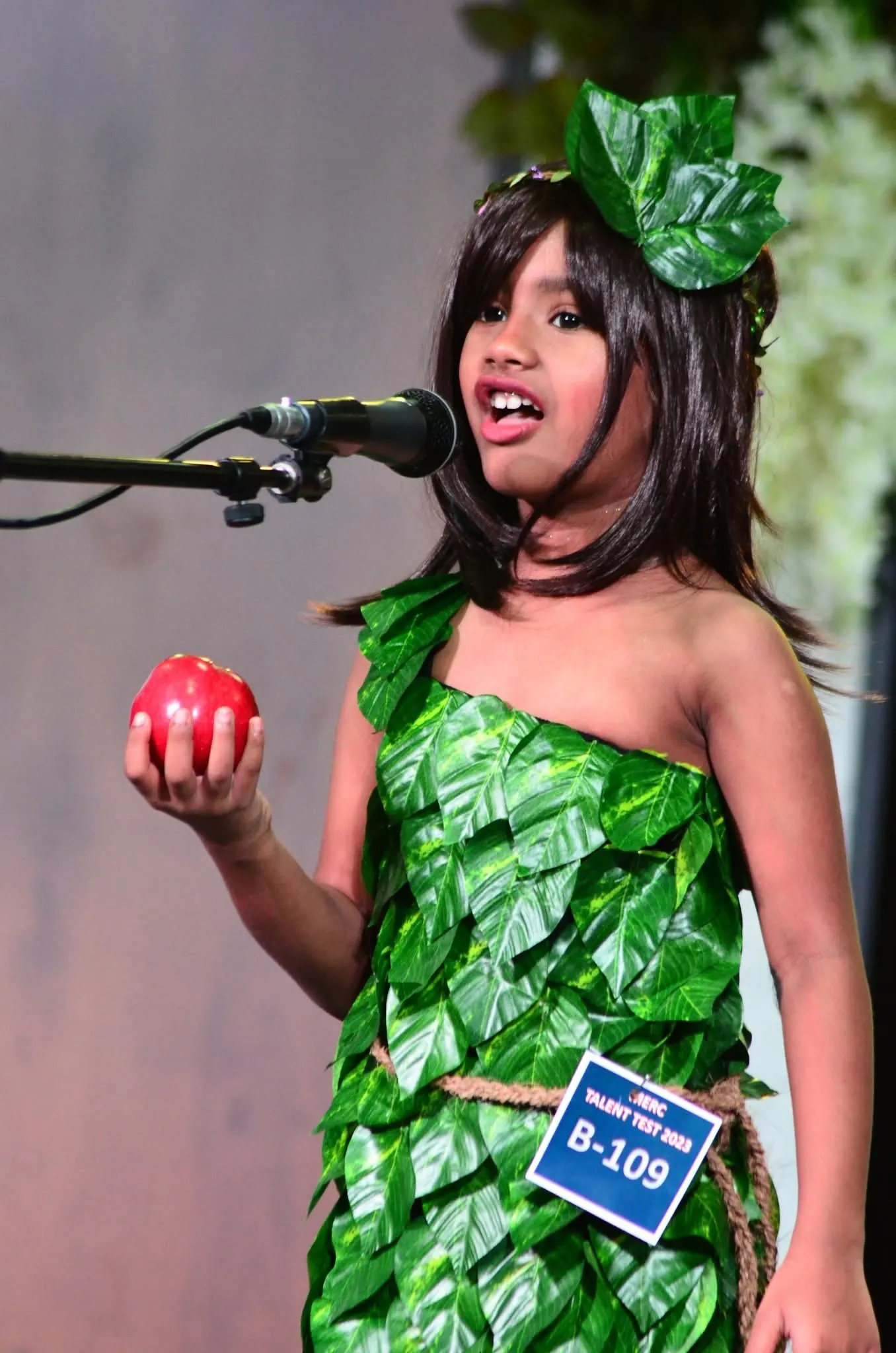 Child dressed as Eve for the Kids Church talent test